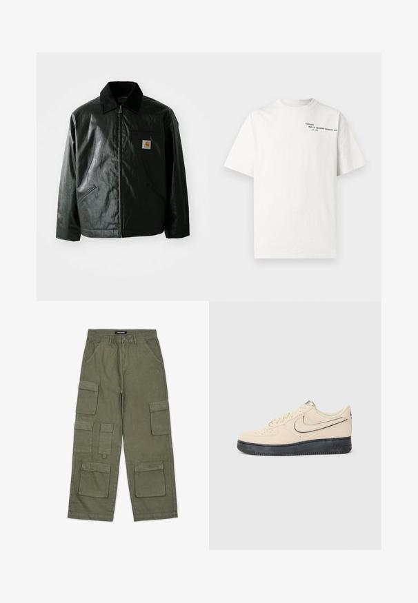 Svart zip-up jakke laget av jevnt, blankt materiale. Har en kordfløyelskrage, to frontlommer og en liten logo-lapp på brystet.; Hvit t-skjorte i bomull med korte ermer, rund hals og svart trykt tekst på brystet med påskriften "Carhartt Work in Progress 1989."; Olivenfargede cargo-bukser laget av mykt stoff, med flere lommer, rett snitt og sydd detaljer. Merkevarelogo på livet.; Beige semsket Nike Air Force 1-sneakers med svart gummisåle, broderte detaljer, perforert tå og en fremtredende swoosh-logo.
