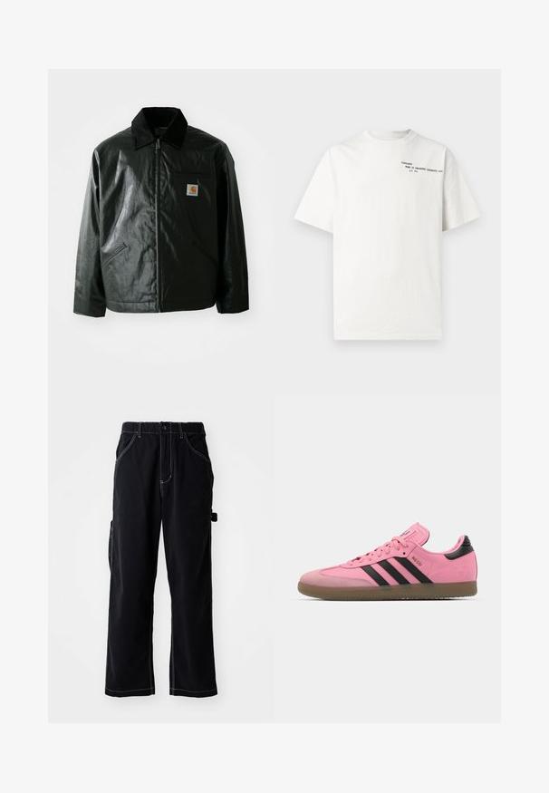 Schwarze Zip-Jacke aus glattem, glänzendem Material. Verfügt über einen Cordkragen, zwei Fronttaschen und ein kleines Logo-Patch auf der Brust.; Weißes Baumwoll-T-Shirt mit kurzen Ärmeln, Rundhalsausschnitt und schwarzem aufgedrucktem Text auf der Brust mit der Aufschrift "Carhartt Work in Progress 1989."; Schwarze Cargo-Hosen mit einer lockeren Passform, featuring einem Kordelzugbund, seitlichen Taschen und kontrastierenden weißen Nähten.; Rosa Sportschuhe mit schwarzen Streifen und Akzenten. Sie verfügen über ein strukturiertes Obermaterial, eine runde Zehenpartie und eine Gummisohle. Schnürsystem mit gepolstertem Zungenbereich.