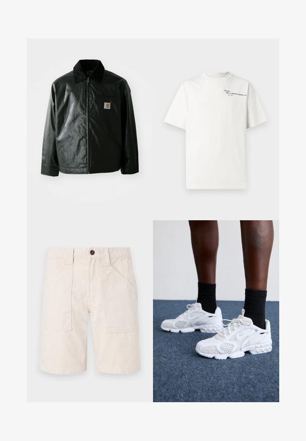 Schwarze Zip-Jacke aus glattem, glänzendem Material. Verfügt über einen Cordkragen, zwei Fronttaschen und ein kleines Logo-Patch auf der Brust.; Weißes Baumwoll-T-Shirt mit kurzen Ärmeln, Rundhalsausschnitt und schwarzem aufgedrucktem Text auf der Brust mit der Aufschrift "Carhartt Work in Progress 1989."; Beige Baumwollshorts mit geradem Schnitt, zwei seitlichen Taschen, einem Bund mit Gürtelschlaufen und einem braunen Knopfverschluss.; Weiße Sportschuhe mit Mesh-Obermaterial, strukturierten Akzenten und gepolsterter Sohle. Kombieirt mit schwarzen gerippten Knöchelsocken auf einer blauen Teppichoberfläche.