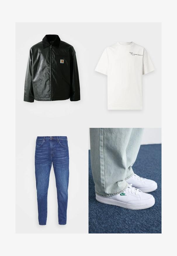 Black zip-up jacket made of smooth, shiny material. Features a corduroy collar, two front pockets, and a small logo patch on the chest.; White cotton t-shirt with short sleeves, crew neckline, and black printed text on the chest reading "Carhartt Work in Progress 1989."; Dark blue denim jeans with a tapered fit, featuring five pockets, a button closure, and subtle fading on the thighs. Smooth texture.; White leather sneakers with green Nike logo, round toe, flat sole, paired with light blue denim pants, shown on a blue carpet.