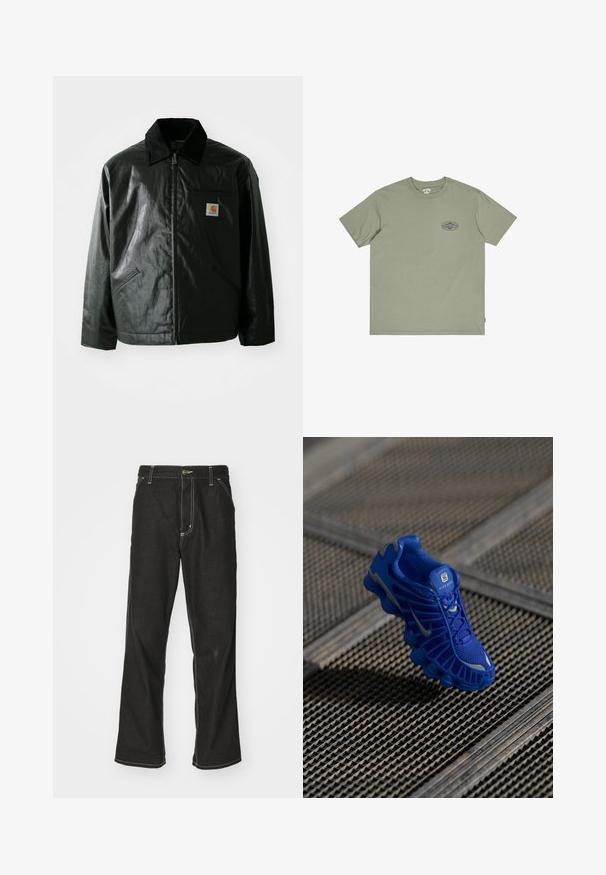 Must mustaga, läikiva materjaliga musta värvi jakk. Omab kordonilõikega kraed, kahte esikäe taskut ja väikest logo sildi rinnal.; Oliivroheline puuvillane T-särk lühikeste varrukatega, ümar kaelus ja väike mitmevärviline graafiklogo rinnal. Sile tekstuur.; Mustadest denimist püksid, lahtise lõikega, kontrastsete valgete õmblustega, nööbiga kinnitamine ja sirge säär.; Sinine spordijalats, millel on võrkmaterjalist pealsed, tekstuuriga disain ja silmapaistev tallapool, kus on eristuvad pehmenduselemendid ja reflektiivsed aktsendid.
