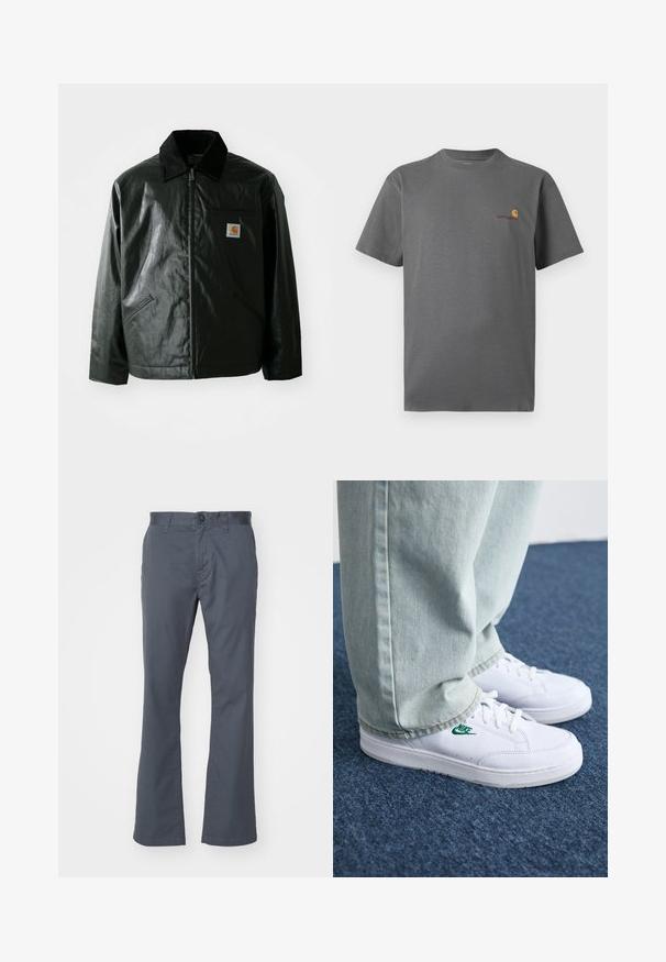 Black zip-up jacket made of smooth, shiny material. Features a corduroy collar, two front pockets, and a small logo patch on the chest.; Gray short-sleeve t-shirt made of cotton; features a subtle logo in orange and burgundy on the chest. Basic crew neck design.; Dark gray, straight-leg pants made of cotton blend, featuring a front button closure, belt loops, and standard pockets. Smooth texture.; White leather sneakers with green Nike logo, round toe, flat sole, paired with light blue denim pants, shown on a blue carpet.
