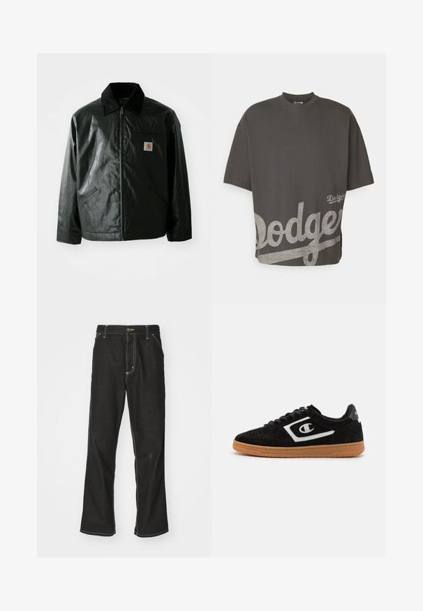 Giacca nera con zip realizzata in materiale liscio e lucido. Presenta un colletto in corduroy, due tasche frontali e una piccola patch con logo sul petto.; New Era MLB LOS ANGELES DODGERS OVERSIZED T-SHIRT - T-Shirt sport - black; Jeans in denim nero con una vestibilità ampia, caratterizzati da cuciture bianche a contrasto, chiusura a bottone e un design a gamba dritta.; Sneaker in suede nero con logo bianco, design con lacci e suola in gomma naturale. Presenta una texture liscia e una forma arrotondata.