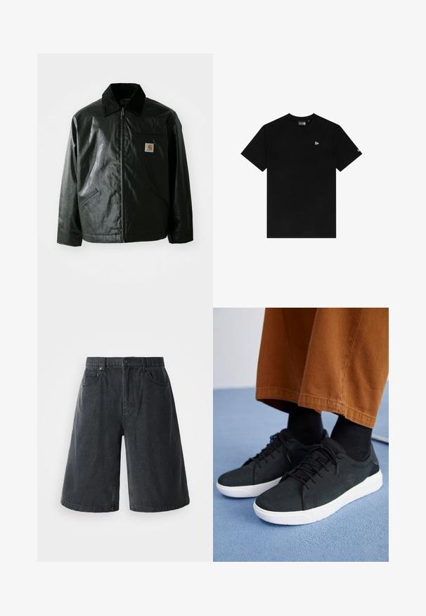 Mustat vetoketjulliset takit, jotka on valmistettu sileästä, kiiltävästä materiaalista. Sisältää kangastakin kauluksen, kaksi etutaskua ja pienen logopatchin rinnassa.; Musta puuvillapaita pyöreällä kaula-aukolla, lyhyillä hihoilla, joissa on pieni valkoinen logo vasemmassa rinnassa eikä muita kuvioita tai koristeita.; Tummanharmaat farkkushortsit, joissa on rento malli, viisi taskua ja vyötärö vyölenkeillä. Materiaali on sileä.; Musta mokkanahkakengät valkoisilla kumipohjilla, joissa on nauhakiinnitys, teksturoituja yksityiskohtia ja huomaamatonta brändäystä, yhdistettynä ruskeisiin housuihin.