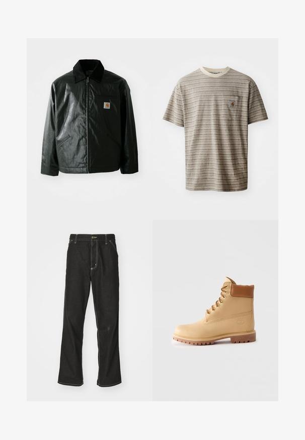 Black zip-up jacket made of smooth, shiny material. Features a corduroy collar, two front pockets, and a small logo patch on the chest.; Short-sleeve striped t-shirt in beige and brown, featuring a crew neckline and a chest pocket with a logo patch. Textured fabric.; Black denim jeans with a loose fit, featuring contrasting white stitching, a button closure, and a straight leg design.; Light brown leather ankle boot with padded collar, gold eyelets, tan laces, and thick lug sole on plain light background.