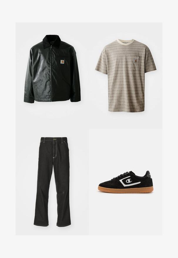 Fekete zipzáros dzseki sima, fényes anyagból. Kordbársony gallérral, két elülső zsebbel és egy kis logós felvarrással a mellkason.; Rövidujjú csíkos póló bézs és barna színben, kerek nyakkivágással és logópatchelt mellzsebbel. Texturált anyag.; Fekete farmernadrág laza szabással, kontrasztos fehér varrással, gombos záródással és egyenes lábmegoldással.; Fekete velúr sneakers fehér logóval, fűzős kialakítással és gumibetétes talppal. Simább textúrával és gömbölyű formával rendelkezik.