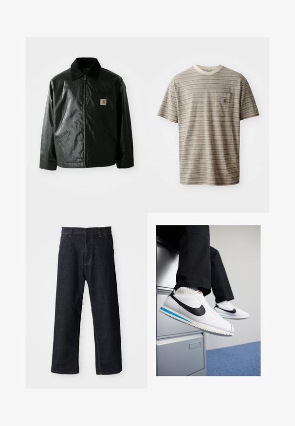 Svart zip-up jakke laget av jevnt, blankt materiale. Har en kordfløyelskrage, to frontlommer og en liten logo-lapp på brystet.; Kortermet stripete t-skjorte i beige og brun, med rund hals og brystlomme med logopatch. Teksturert stoff.; Mørkeblå denimbukser med rett ben-design, som har gul søm, frontlommer og knappelukking i livet.; Hvite lær sneakers med en svart Nike swoosh, lys blå og grå gummisåle, og klassisk snøring. Føttene hviler på et arkivskap.