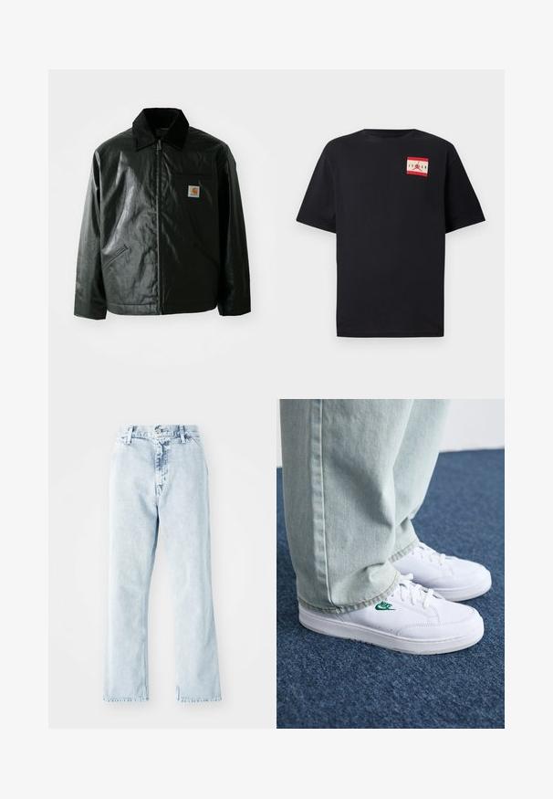 Black zip-up jacket made of smooth, shiny material. Features a corduroy collar, two front pockets, and a small logo patch on the chest.; Black short-sleeve T-shirt made of cotton, featuring a red and white graphic logo patch on the left chest area. Classic crew neck design.; Light blue denim jeans with a straight-leg cut, featuring a high waist, five pockets, and a button closure. Faded texture throughout.; White leather sneakers with green Nike logo, round toe, flat sole, paired with light blue denim pants, shown on a blue carpet.