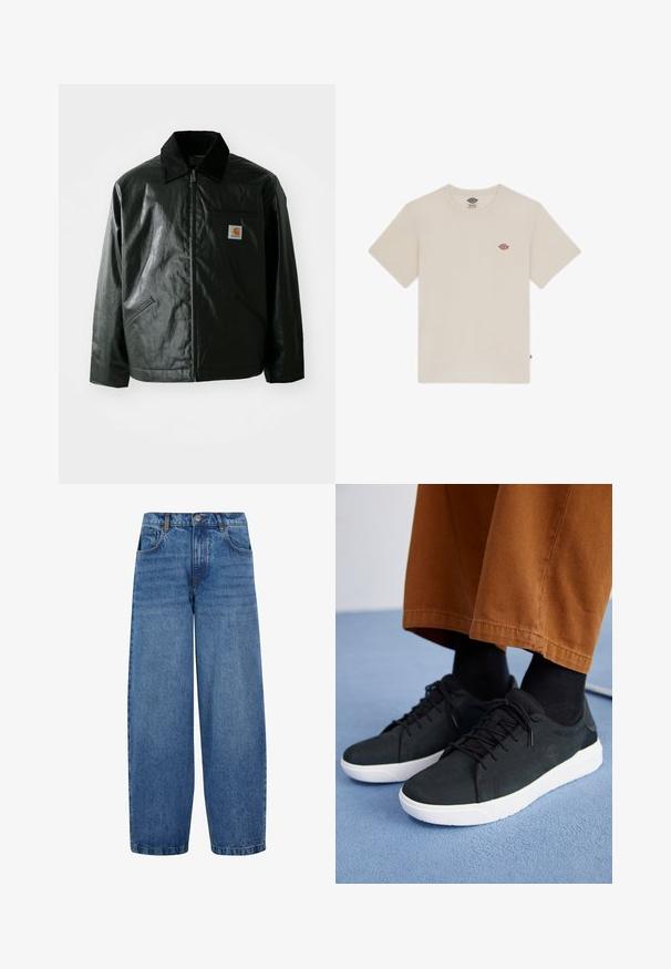 Svart zip-up jakke laget av jevnt, blankt materiale. Har en kordfløyelskrage, to frontlommer og en liten logo-lapp på brystet.; Kremfarget bomullst-skjorte med korte ermer, rund hals og en liten flerfarget brodert logo på brystet.; Bredde ben jeans i middels blå denim. Har høy midje, klassisk fem-lomme design, og subtil fading langs beina. Standard søm.; Svarte semskede sneakers med hvite gummisåler, med snøring, teksturerte detaljer og subtil branding, sammen med brune bukser.