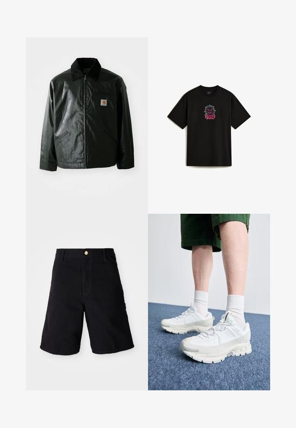 Svart zip-up jacka gjord av slätt, glänsande material. Har en manchesterkrage, två framfickor och en liten logotyp på bröstet.; Svart bomullströja med ett framträdande grafiskt tryck av en taggig tecknad figur och ordet "VANS" i rosa skript. Kort ärm.; Svarta denimshorts med knäppning, med rak passform, sidofickor och förstärkt sömnad för hållbarhet.; Vita atletiska skor med texturerade överlägg, en tjock sula och grå accenter. Bärs med vita strumpor och gröna shorts på en blå yta.