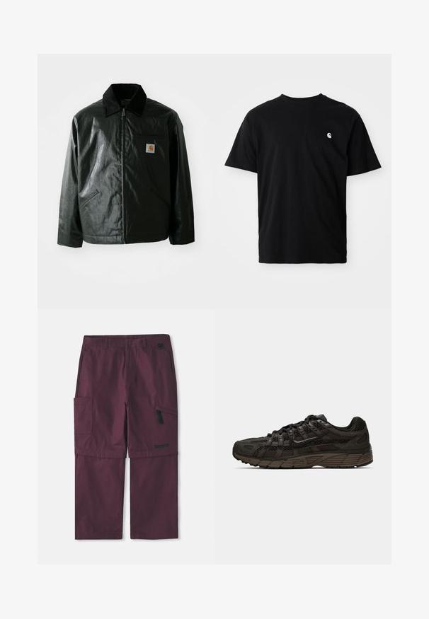 Sort lynlåsejakke lavet af glat, blankt materiale. Har en kordfløjlsfarvet krave, to forlommer og et lille logo-patch på brystet.; Sort bomulds T-shirt med rund hals, korte ærmer og et lille hvidt logo på venstre brystområde. Synlige sidesømme. Blød tekstur.; Bordeaux cargo konvertible bukser med sidelomme med lynlås og Timberland-logo på højre ben, forlænget skridtlængde vist.; Sort atletiksko med mesh- og ruskindsmaterialer, der har en struktureret overdel, et fremtrædende snøresystem og et lagdelt mellemsål-design.