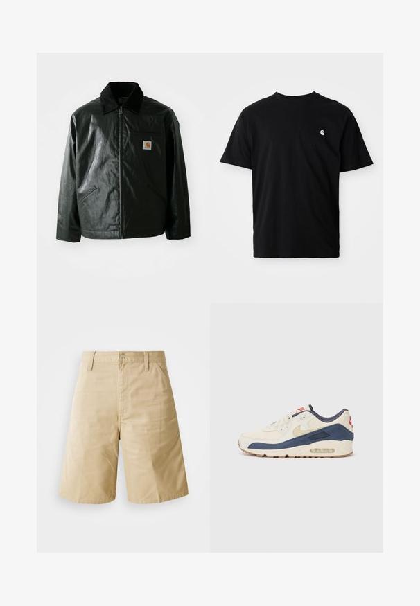 Black zip-up jacket made of smooth, shiny material. Features a corduroy collar, two front pockets, and a small logo patch on the chest.; Black cotton t-shirt with a round neck, short sleeves, and a small white logo on the left chest area. Side seams visible. Soft texture.; Beige cotton shorts with a straight cut, featuring a button closure, zip fly, and side pockets. Smooth texture and pleated front detail.; Sneakers with a cream leather and navy suede upper, featuring a visible air sole, beige rubber outsole, and red accent on the heel.