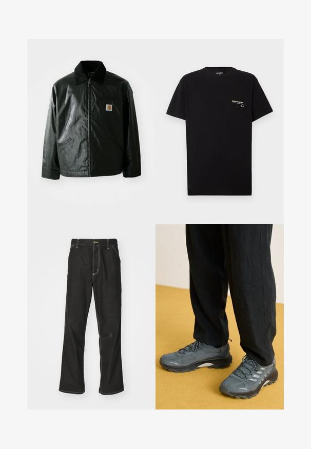 Jachetă neagră cu fermoar, confecționată dintr-un material neted și lucios. Prezintă un guler din catifea, două buzunare frontale și un mic logo brodat pe piept.; Tricou din bumbac negru, cu mâneci scurte, decolteu rotund și un mic logo alb imprimat în zona stângă a pieptului.; Jeans negri din denim, cu o croială largă, cu cusături albe contrastante, închidere cu nasture și un design cu picior drept.; Adidași atletici gri din plasă și material sintetic, cu un tread proeminent, accente reflective și un design cu șireturi, asortați cu pantaloni negri largi.