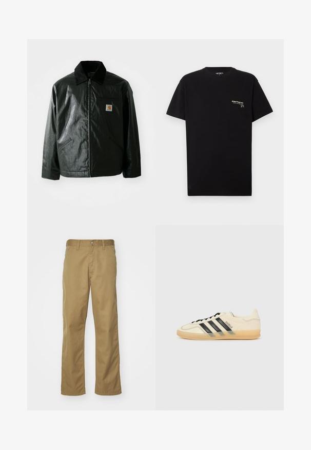 Sort lynlåsejakke lavet af glat, blankt materiale. Har en kordfløjlsfarvet krave, to forlommer og et lille logo-patch på brystet.; Sort bomulds T-shirt med korte ærmer, rund halsudskæring og et lille hvidt logo trykt på venstre bryst.; Khaki chinos med lige bendesign, lavet af glat bomuldsstof. Har en knaplukning foran og sidelommer.; Lys cremefarvet sneaker med sort tre-stribe-design, tekstureret overdel, rund tå og gummisål. Har snørebånd og branding på siden.