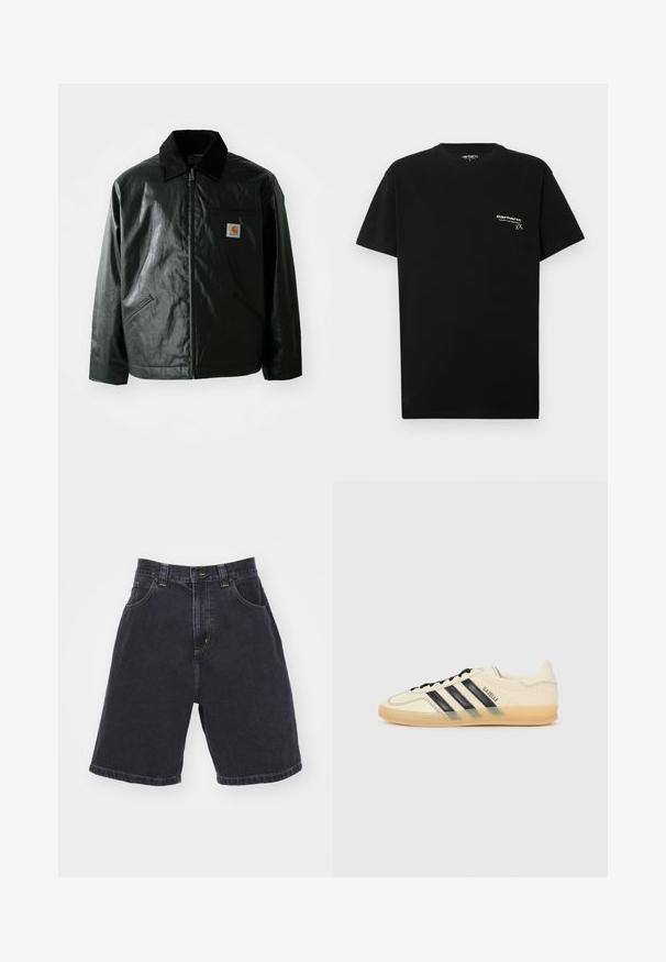 Black zip-up jacket made of smooth, shiny material. Features a corduroy collar, two front pockets, and a small logo patch on the chest.; Black cotton T-shirt with short sleeves, round neckline, and a small white logo printed on the left chest area.; Dark denim shorts with a high waist, featuring two front pockets, contrasting yellow stitching, and a straight cut with a hemmed finish.; Light cream sneaker with black three-stripe design, textured upper, round toe, and gum sole. Features laces and branding on side.