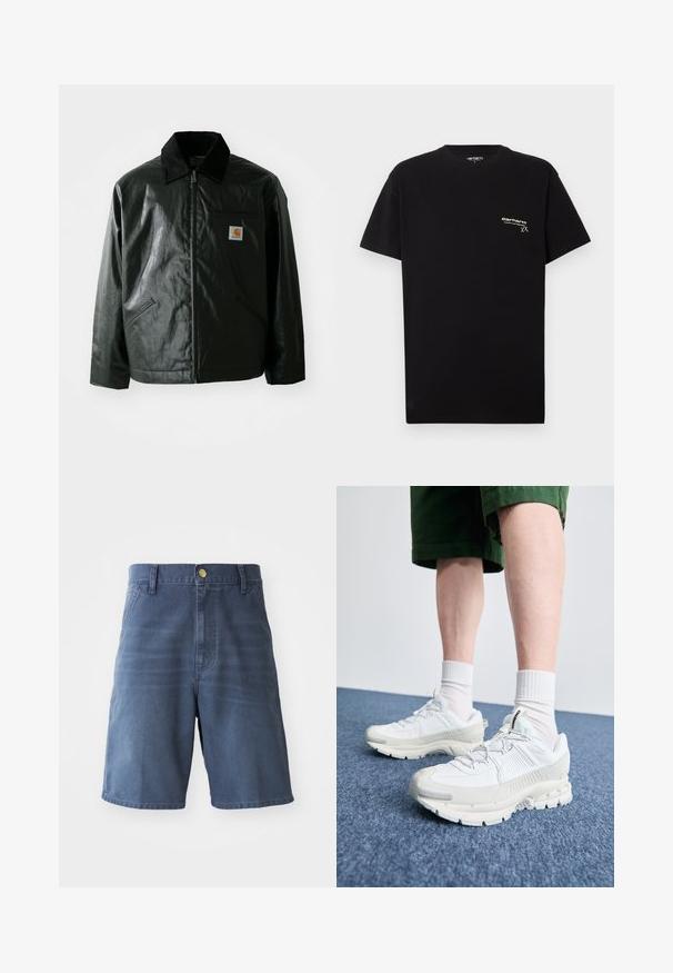 Schwarze Zip-Jacke aus glattem, glänzendem Material. Verfügt über einen Cordkragen, zwei Fronttaschen und ein kleines Logo-Patch auf der Brust.; Schwarzes Baumwoll-T-Shirt mit kurzen Ärmeln, rundem Ausschnitt und einem kleinen weißen Logo auf der linken Brustseite.; Jeansshorts in Dunkelblau mit Knopfverschluss, Gürtelschlaufen und zwei Vorderaschen. Glatte Textur mit geradem Schnitt.; Weiße Sportschuhe mit strukturierten Überzügen, einer dicken Sohle und grauen Akzenten. Tragen mit weißen Crew-Socken und grünen Shorts auf einer blauen Oberfläche.