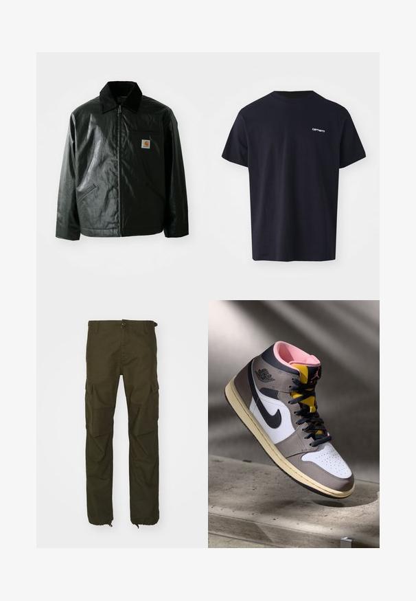 Black zip-up jacket made of smooth, shiny material. Features a corduroy collar, two front pockets, and a small logo patch on the chest.; Black cotton t-shirt with short sleeves, crew neck, and a subtle white logo on the left chest area. Smooth texture, standard fit.; Olive green cargo pants made of durable fabric, featuring a button closure, multiple side pockets, and elastic cuffs at the ankles.; High-top Nike Air Jordan sneaker in white, grey, and black with pink interior and yellow tongue, positioned on a concrete surface.