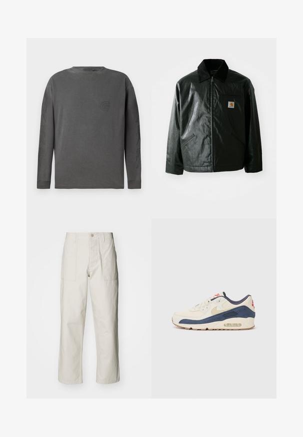 Svart zip-up jakke laget av jevnt, blankt materiale. Har en kordfløyelskrage, to frontlommer og en liten logo-lapp på brystet.; Grå langermet t-skjorte i bomullsblanding, rund hals, med en subtil logo og abstrakte design på ermene; myk tekstur.; Lyse beige vide bukser laget av bomull. Har frontlommer og knappelukking. Jevn tekstur med subtile vertikale linjer.; Sko med overdel i kremfarget lær og marineblå semsket skinn, med synlig luftsåle, beige gummisåle og rød detalj på hælen.