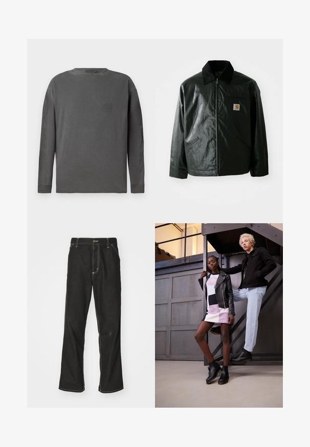 Schwarze Zip-Jacke aus glattem, glänzendem Material. Verfügt über einen Cordkragen, zwei Fronttaschen und ein kleines Logo-Patch auf der Brust.; Graues Langarm-T-Shirt aus Baumwollmischung, mit Rundhalsausschnitt, verfügt über ein dezentes Logo und abstrakte Designs auf den Ärmeln; weiche Textur.; Schwarze Denim-Jeans mit lockerer Passform, kontrastierenden weißen Nähten, einem Knopfverschluss und geradem Bein.; Zwei Models posieren auf einer Metalltreppe. Eine trägt eine schwarze Lederjacke über einem gestreiften, multicolor Kleid und schwarzen Stiefeletten. Die andere trägt eine schwarze Jacke, helle Jeans und schwarze Stiefel.