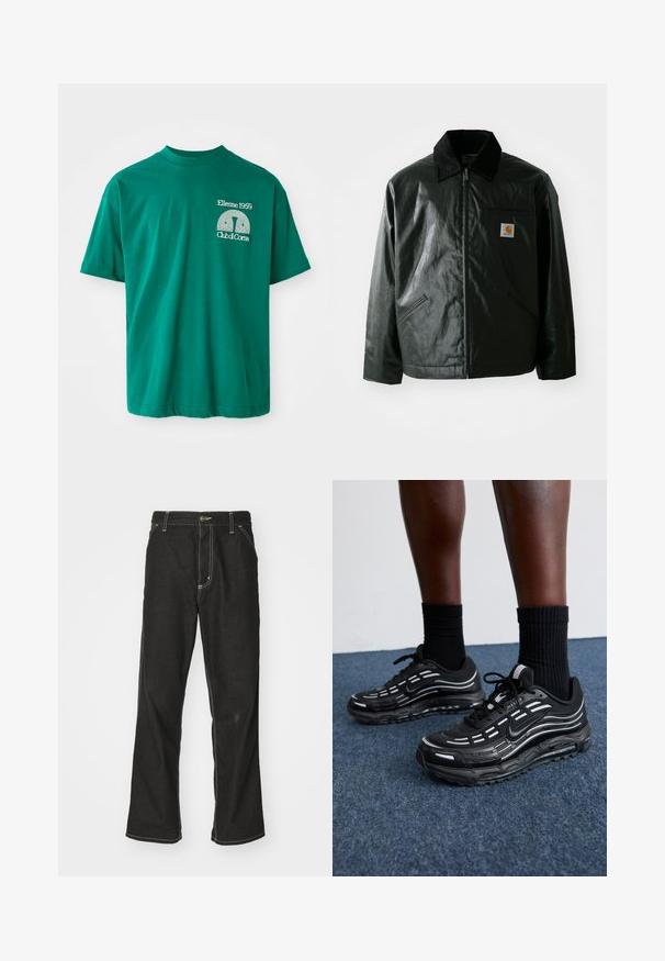 Black zip-up jacket made of smooth, shiny material. Features a corduroy collar, two front pockets, and a small logo patch on the chest.; Green cotton T-shirt with a round neckline. Features a graphic print in white reading "Ellesse 1959 Club di Corsa" on the left chest.; Black denim jeans with a loose fit, featuring contrasting white stitching, a button closure, and a straight leg design.; Black Nike shoes feature a mesh upper with accent stripes, textured lacing, and a black rubber sole. Worn with black ribbed socks.