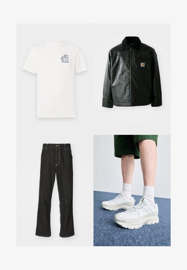 Čierna bundu na zips vyrobenú z hladkého, lesklého materiálu. Obsahuje kordový golier, dve predné vrecká a malú nášivku s logom na hrudi.; Biele tričko s krátkym rukávom vyrobené z bavlny, s modrou grafikou na hrudi zobrazujúcou noreka vedľa smetného koša a textom "STANCE."; Čierne denimové nohavice s voľným strihom, s kontrastným bielym prešívaním, uzáverom na gombík a rovnými nohavicami.; Biele športové topánky s textúrovanými prešívaniami, robustnou podrážkou a sivými akcentami. Nosené s bielymi ponožkami po členky a zelenými šortkami na modrom povrchu.