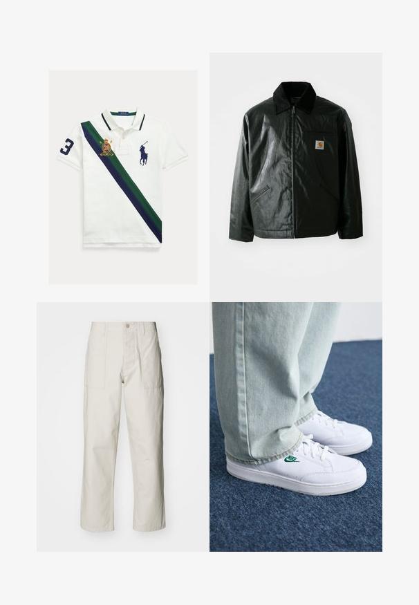 Veste noire zippée en matériau lisse et brillant. Elle dispose d'un col en velours côtelé, de deux poches avant et d'un petit écusson logo sur la poitrine.; T-shirt polo blanc avec une rayure diagonale verte et bleu marine. Présente un grand numéro "3" brodé, un blason et un logo de cavalier en bleu marine.; Pantalons larges beige clair en coton. Dotés de poches avant et d'une fermeture à bouton. Texture lisse avec de légères lignes verticales.; Baskets en cuir blanc avec logo Nike vert, bout rond, semelle plate, associées à un pantalon en denim bleu clair, présentées sur un tapis bleu.