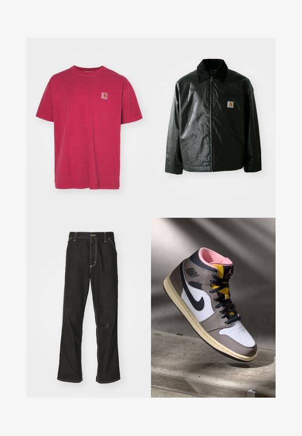 Melnā zip-up jaka, izgatavota no gludas, spīdīgas materiāla. Ir korduroja apkakle, divas priekšējās kabatas un neliela logo placdarma uz krūtīm.; Carhartt WIP VISTA - Pamata T-krekls - scarlet; Melni džinsi ar brīvu piegriezumu, ar kontrastējošu baltu diegu, pogu aizdari un taisnu kāju dizainu.; Augstās Nike Air Jordan kedas baltā, pelēkā un melnā krāsā ar rozā iekšpusi un dzelteno mēli, novietotas uz betona virsmas.