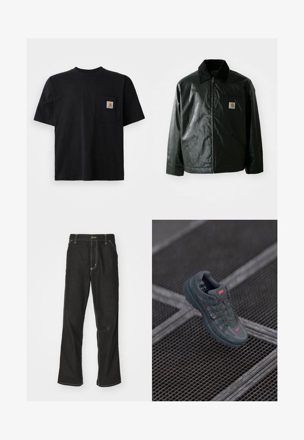 Μαύρο μπουφάν με φερμουάρ, φτιαγμένο από λείο, γυαλιστερό υλικό. Διαθέτει κοτλέ γιακά, δύο μπροστινές τσέπες και μια μικρή ετικέτα λογότυπου στο στήθος.; Μαύρο κοντομάνικο μπλουζάκι με στρογγυλή λαιμόκοψη και μικρή τετράγωνη ετικέτα λογότυπου Carhartt στην αριστερή τσέπη του στήθους.; Μαύρα τζιν παντελόνια με χαλαρή εφαρμογή, που διαθέτουν λευκές ραφές σε αντίθεση, κλείσιμο με κουμπί και ίσια γραμμή.; Nike αθλητικά παπούτσια σε σκούρο γκρι με υφαντό πλέγμα, διακριτικό κόκκινο λογότυπο και καουτσούκ σόλα, με σχέδιο πλέγματος.