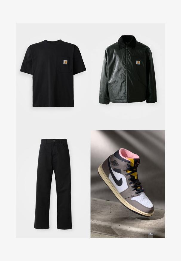 Melnā zip-up jaka, izgatavota no gludas, spīdīgas materiāla. Ir korduroja apkakle, divas priekšējās kabatas un neliela logo placdarma uz krūtīm.; Melnas īsām piedurknēm T-krekls ar apaļu kaklu un nelielu kvadrātveida Carhartt logo uz kreisā krūšu kabatas.; Melnas džinsu bikses ar taisnu griezumu, ar priekšējiem kabatām, rāvējslēdzēju un vienu augšējo pogu. Tekstūrēta auduma matēta virsma.; Augstās Nike Air Jordan kedas baltā, pelēkā un melnā krāsā ar rozā iekšpusi un dzelteno mēli, novietotas uz betona virsmas.