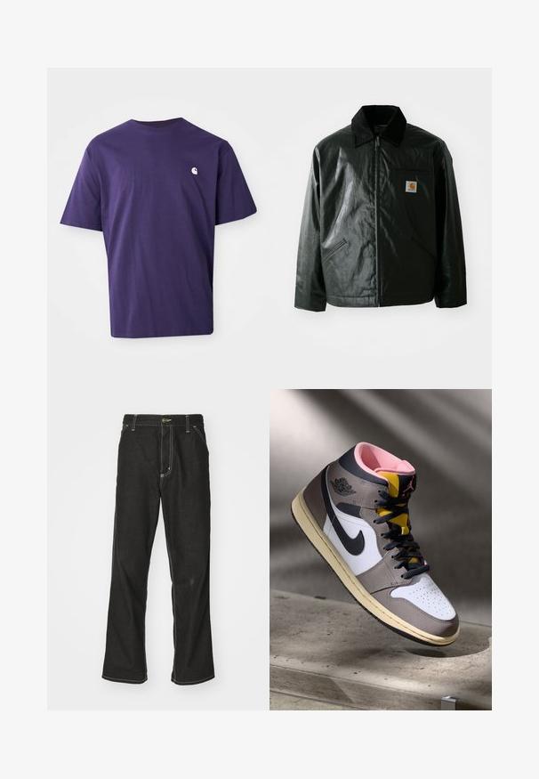 Casaco preto com fecho éclair, feito de material liso e brilhante. Apresenta um colarinho de veludo, dois bolsos frontais e um pequeno emblema no peito.; T-shirt de algodão roxo com gola redonda, mangas curtas e um pequeno logótipo branco no lado esquerdo do peito. Textura suave, ajuste descontraído.; Calças de ganga pretas de corte largo, com costuras brancas em contraste, fecho de botão e design de perna reta.; Tênis Nike Air Jordan de cano alto em branco, cinza e preto com interior rosa e língua amarela, posicionados sobre uma superfície de concreto.