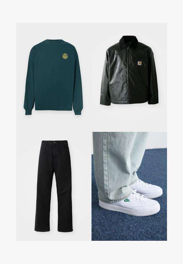 Zwarte ritssluiting jas van glad, glanzend materiaal. Heeft een corduroy kraag, twee voorzakken en een klein logo label op de borst.; Langarmshirt van donkergr groene katoen met een ronde halslijn, voorzien van een gele embleem op de bovenrug. Eenvoudige, relaxte pasvorm.; Zwarte denim broek met een rechte pasvorm, voorzien van voorzakken, een rits en een enkele bovenste knoop. Gestructureerde stof met een matte afwerking.; Witte leren sneakers met groen Nike-logo, ronde neus, platte zool, gedragen met lichtblauwe denim broek, weergegeven op een blauwe vloerkleed.