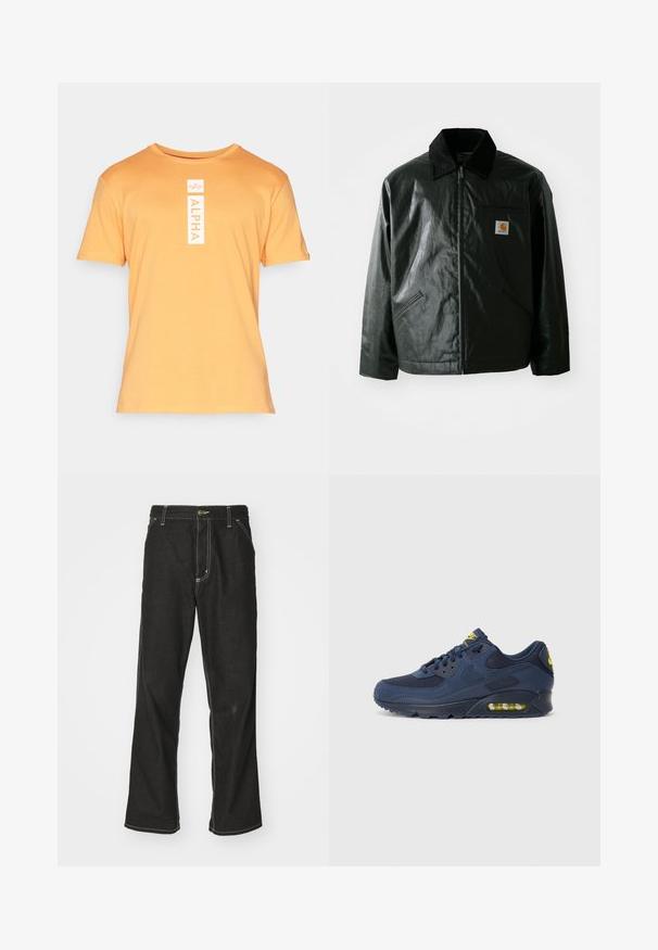 Zwarte ritssluiting jas van glad, glanzend materiaal. Heeft een corduroy kraag, twee voorzakken en een klein logo label op de borst.; Korte mouwen, oranje T-shirt van katoen met een ronde hals. Voorzien van een verticale witte "ALPHA" grafiek aan de voorkant.; Zwarte denim jeans met een losse pasvorm, voorzien van contrasterende witte stiksels, een knoopsluiting en een recht ontwerp.; Marineblauwe Nike Air Max sneakers met een bovenwerk van suede en mesh, voorzien van gele accenten, vetersluiting aan de voorkant en zichtbare luchtvering in de zool.