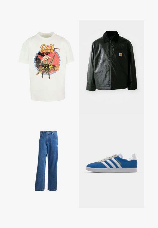 Schwarze Zip-Jacke aus glattem, glänzendem Material. Verfügt über einen Cordkragen, zwei Fronttaschen und ein kleines Logo-Patch auf der Brust.; Weißes Baumwoll-T-Shirt mit einem bunten Grafikdruck einer Frau und einem Wesen, versehen mit dem Text "Ozzy Osbourne" in fetten, stilisierten Buchstaben.; Blaue hohe, weite Jeans mit Fronttaschen, Gürtelschlaufen, Knopfverschluss und kleinem Adidas-Logo am rechten Oberschenkel.; adidas Originals ADIDAS GAZELLE SHOES - Indoor-Fußballschuhe - real madrid/bluebird/footwear white/crew yellow