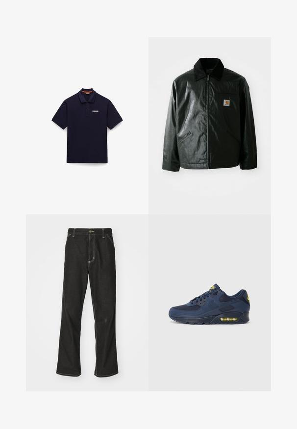 Svart zip-up jacka gjord av slätt, glänsande material. Har en manchesterkrage, två framfickor och en liten logotyp på bröstet.; Mörkblå polo med en slät tygtextur. Har en klassisk krage, korta ärmar och en liten logotyp fram.; Svarta denimjeans med en lös passform, med kontrasterande vita sömmar, knäppning och raka ben.; Mörkblå Nike Air Max sneakers med ovandel i mocka och mesh, med gula detaljer, snörning fram och synlig luftkuddsdämpning i sulan.