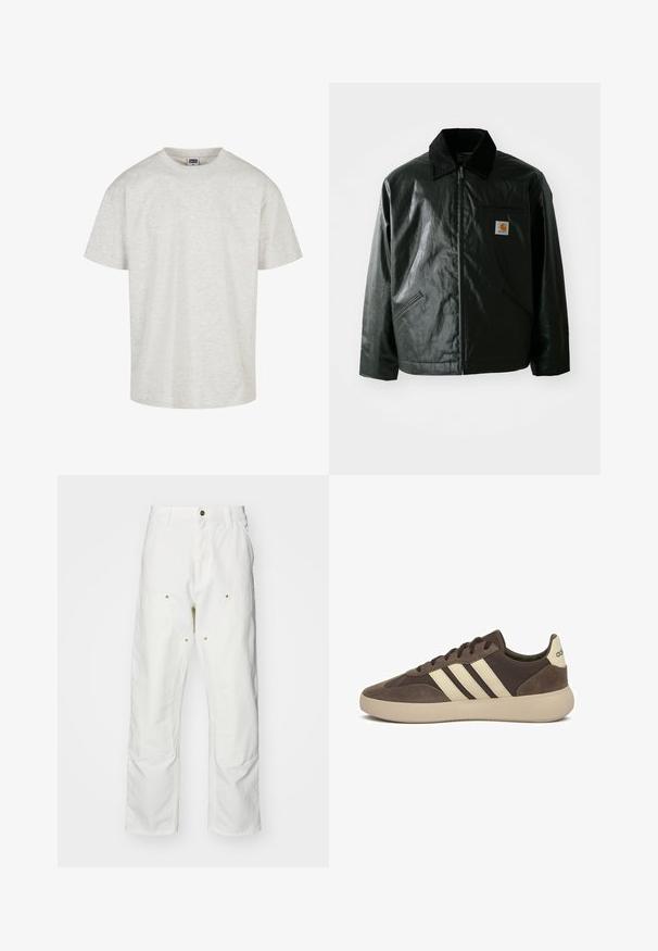 Zwarte ritssluiting jas van glad, glanzend materiaal. Heeft een corduroy kraag, twee voorzakken en een klein logo label op de borst.; Lichtgrijze katoenen T-shirt met korte mouwen, een ronde hals en een relaxte pasvorm. Geweven stof met een subtiel gemêleerd patroon.; Witte katoenen cargobroeken met een relaxte pasvorm. Kenmerken zijn onder andere voorzakken, gouden hardware accenten en versterkte kniezones.; Bruine suède sneaker met drie witte strepen, afgeronde neus, dikke rubberen zool en minimale branding op de hiel.