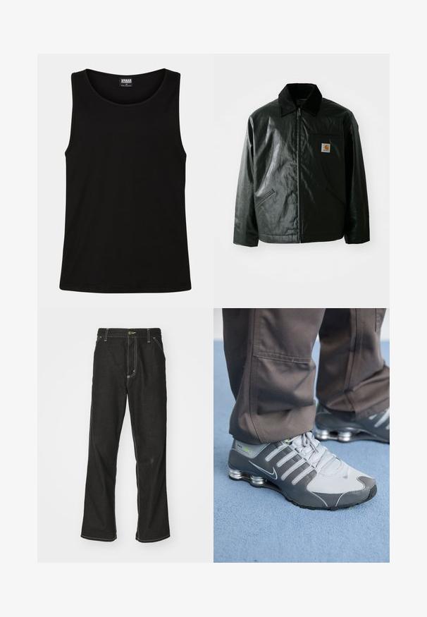 Čierna bundu na zips vyrobenú z hladkého, lesklého materiálu. Obsahuje kordový golier, dve predné vrecká a malú nášivku s logom na hrudi.; Čierny tielko vyrobené z mäkkej bavlny. Má okrúhly výstrih a široké priečky na rukávoch, bez viditeľných vzorov alebo akcentov.; Čierne denimové nohavice s voľným strihom, s kontrastným bielym prešívaním, uzáverom na gombík a rovnými nohavicami.; Šedé a strieborné tenisky Nike Shox majú elegantný dizajn, kombináciu sieťoviny a syntetických materiálov, zaoblenú špičku a polstrovaný golier.