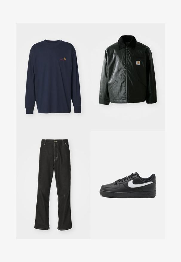 Fekete zipzáros dzseki sima, fényes anyagból. Kordbársony gallérral, két elülső zsebbel és egy kis logós felvarrással a mellkason.; Carhartt WIP AMERICAN SCRIPT - Hosszú ujjú felső - air force blue; Fekete farmernadrág laza szabással, kontrasztos fehér varrással, gombos záródással és egyenes lábmegoldással.; Fekete Nike Air Force 1 tornacipő sima bőrből készült felsőrésszel, fehér logóval, perforált orral és texturált gumitalppal.