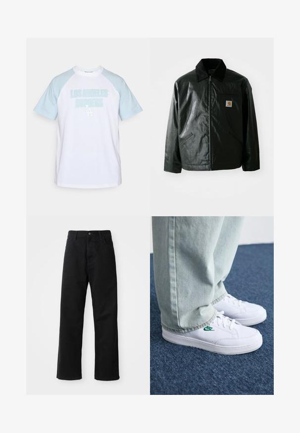 Must mustaga, läikiva materjaliga musta värvi jakk. Omab kordonilõikega kraed, kahte esikäe taskut ja väikest logo sildi rinnal.; Valge t-särk, millel on helesinised raglanvarrukad, millel on suur helesinine tekst "LOS ANGELES DODGERS" ja väike "LA" logo.; Mustadest denimist püksid sirge lõikega, mis sisaldavad ees taskuid, lukufliisi ja ühte ülemist nööpi. Tekstureeritud kangas mati viimistlusega.; Valged nahast tennisetossud rohelise Nike logo ja ümarate varvastega, lamedate taldadega, koos helesiniste teksapükstega, esitatud sinisel vaibal.