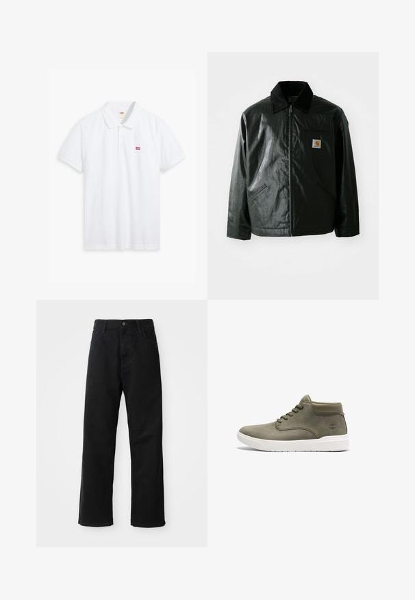 Casaco preto com fecho éclair, feito de material liso e brilhante. Apresenta um colarinho de veludo, dois bolsos frontais e um pequeno emblema no peito.; Camisa polo branca feita de algodão. Apresenta uma pala com três botões, mangas curtas e um pequeno logotipo vermelho da Levi's no lado esquerdo do peito.; Calças de ganga pretas com corte direito, apresentando bolsos frontais, fecho de zip e um único botão na parte superior. Tecido texturizado com um acabamento mate.; Sapatilha alta em pele verde com sola branca, bico redondo, atacadores planos e um logótipo discreto de lado. Textura suave com detalhes mínimos.