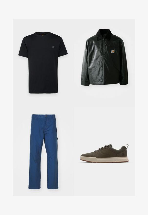 Black zip-up jacket made of smooth, shiny material. Features a corduroy collar, two front pockets, and a small logo patch on the chest.; Black cotton t-shirt with a crew neckline, short sleeves, and a small, embroidered logo on the chest. Smooth texture, classic fit.; Blue cotton twill pants with a straight-leg design, featuring a button closure and side pocket. Smooth texture, no visible patterns or accents.; Dark green sneaker with a smooth upper, light beige midsole, and rubber outsole. Features rounded toe and minimal branding on the heel.