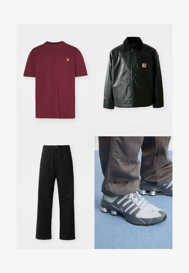 Giacca nera con zip realizzata in materiale liscio e lucido. Presenta un colletto in corduroy, due tasche frontali e una piccola patch con logo sul petto.; Carhartt WIP AMERICAN SCRIPT - T-shirt basic - malbec; Pantaloni in denim nero con taglio dritto, caratterizzati da tasche frontali, chiusura con zip e un singolo bottone superiore. Tessuto testurizzato con finitura opaca.; Le scarpe Nike Shox in grigio e argento presentano un design elegante, con materiali in rete e sintetici, una punta arrotondata e un colletto imbottito.