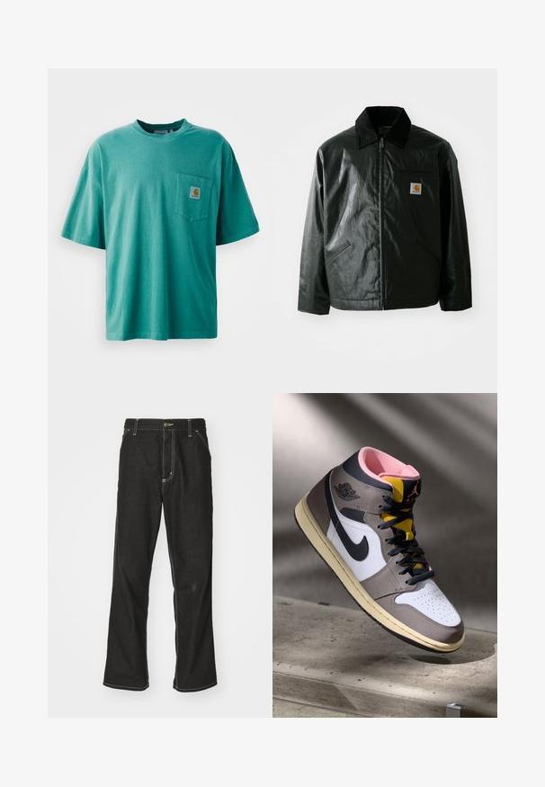 Fekete zipzáros dzseki sima, fényes anyagból. Kordbársony gallérral, két elülső zsebbel és egy kis logós felvarrással a mellkason.; Zöld pamut póló, kerek nyakkal, rövid ujjakkal és logópaccsal ellátott elülső zsebbe. Puha tapintású és laza szabású.; Fekete farmernadrág laza szabással, kontrasztos fehér varrással, gombos záródással és egyenes lábmegoldással.; Fehér, szürke és fekete Nike Air Jordan magasszárú sneaker rózsaszín belső résszel és sárga nyelvvel, egy betonfelületen elhelyezve.