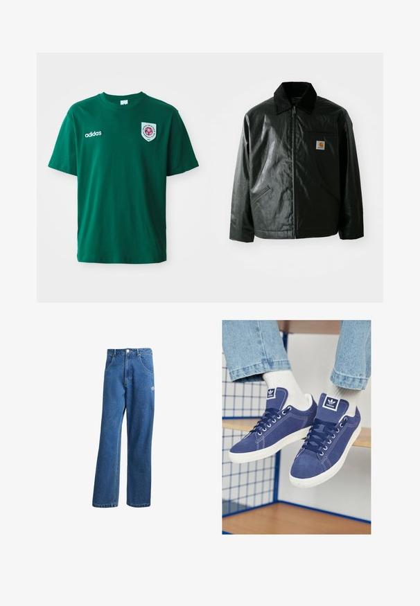 Svart zip-up jakke laget av jevnt, blankt materiale. Har en kordfløyelskrage, to frontlommer og en liten logo-lapp på brystet.; Grønn bomull T-skjorte med rund hals, korte ermer, Adidas-logo på venstre side, og et rundt merke med et rødt design på høyre side.; Blå høyhalsede vide denimjeans med frontlommer, belteholdere, knappelukking og liten Adidas-logo på høyre lår.; Marineblå Adidas sneakers laget av semsket skinn, med hvite gummisåler, runde tær og en logopatch på tungen. Klare hvite sokker synlige.