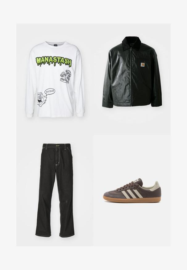 Black zip-up jacket made of smooth, shiny material. Features a corduroy collar, two front pockets, and a small logo patch on the chest.; White long-sleeve t-shirt featuring green "MANASTASH" text, black cartoon graphics of mushrooms and creature with "BOOYA!" speech bubble.; Black denim jeans with a loose fit, featuring contrasting white stitching, a button closure, and a straight leg design.; Brown leather sneaker with three light-colored stripes, rubber gum sole, rounded toe, and textured suede accents on the heel and toe.