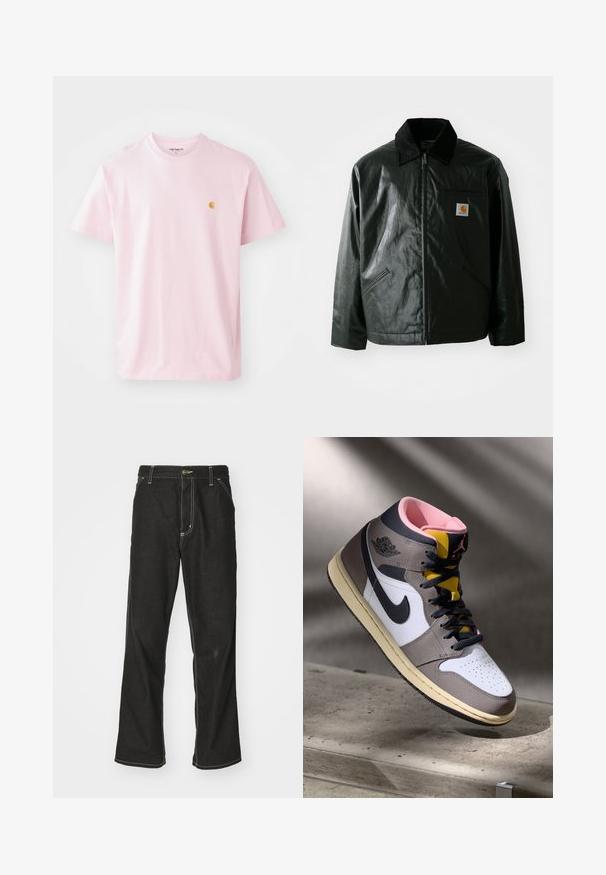 Black zip-up jacket made of smooth, shiny material. Features a corduroy collar, two front pockets, and a small logo patch on the chest.; Light pink cotton t-shirt with short sleeves, crew neck, and small yellow logo on the left chest area. Smooth texture, casual fit.; Black denim jeans with a loose fit, featuring contrasting white stitching, a button closure, and a straight leg design.; High-top Nike Air Jordan sneaker in white, grey, and black with pink interior and yellow tongue, positioned on a concrete surface.