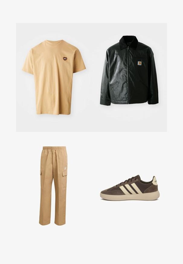 Schwarze Zip-Jacke aus glattem, glänzendem Material. Verfügt über einen Cordkragen, zwei Fronttaschen und ein kleines Logo-Patch auf der Brust.; Beige Baumwoll-T-Shirt mit kurzen Ärmeln, rundem Halsausschnitt und einem kleinen braunen Herz-Logo auf der linken Brustseite. Glatte Textur, lässiges Design.; Hellbraune Cargo-Hosen mit einem elastischen Bund, zwei seitlichen Cargo-Taschen und einem kleinen weißen Logo am oberen linken Oberschenkel. Glatte Textur.; Brauner Wildledersneaker mit drei weißen Streifen, abgerundetem Zehenbereich, dicker Gummisohle und minimaler Markenkennzeichnung an der Ferse.
