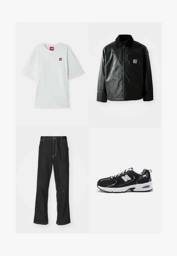 Črna jakna na zadrgo, izdelana iz gladkega, sijočega materiala. Ima žametni ovratnik, dva sprednja žepa in majhno oznako logotipa na prsih.; Svetlozeleni kratkotrajni majica z izvlečenimi rukavi, izdelana iz mehke bombažne tkanine, z majhno rdečo oznako na levem prsnem delu. Ohlapen kroj in okrogla izrez.; Črne jeans hlače ohlapenega kroja, ki imajo kontrastno belo šivanje, zapiranje na gumb in ravno nogavico.; Črne in sive športne čevlje z zgornjim delom iz mrežaste in semiš usnja, s belim srednjim podplatom, vezalkami in močnim logotipom "N" na strani.