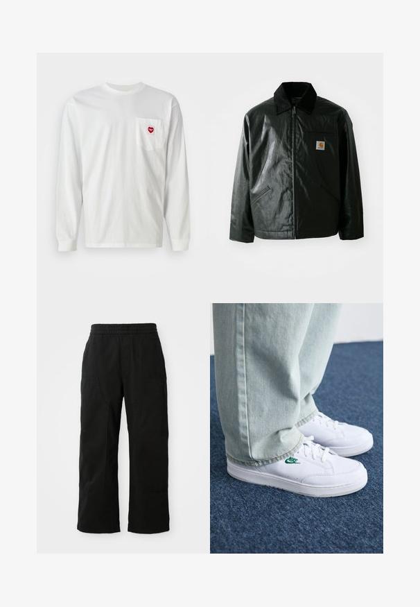 Fekete zipzáros dzseki sima, fényes anyagból. Kordbársony gallérral, két elülső zsebbel és egy kis logós felvarrással a mellkason.; Fehér, hosszú ujjú póló, pamutból készült, bal oldalon mellzsebbel, amelyen egy piros szív folt található. Klasszikus kerek nyakú és bordás mandzsettás.; Fekete pamut nadrág rugalmas derékkal, széles lábakkal és nagy oldalzsebekkel. Az anyag lágy és sima tapintású.; Fehér bőr sportcipők zöld Nike logóval, kerek orral, lapos talppal, világoskék farmernadrággal párosítva, kék szőnyegen bemutatva.