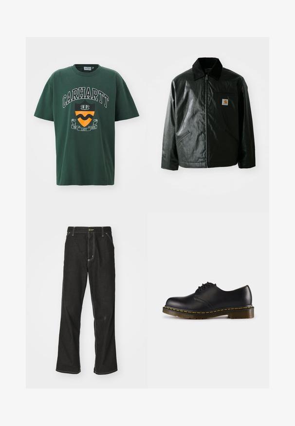 Czarna kurtka zapinana na zamek, wykonana z gładkiego, błyszczącego materiału. Posiada kołnierz z kordurowej tkaniny, dwie przednie kieszenie oraz małą naszywkę z logo na klatce piersiowej.; Ciemnozielona bawełniana koszulka z krótkim rękawem, z wyraźnym białym logo "CARHARTT" oraz graficzną tarczą w kolorze pomarańczowym i czarnym.; Czarne dżinsy o luźnym kroju, z kontrastującymi białymi szwami, z zapięciem na guzik i prostą nogawką.; Czarna skórzana półbut z okrągłym noskiem, wiązany, z żółtym przeszyciem wzdłuż podeszwy i masywną, teksturowaną gumową podeszwą.