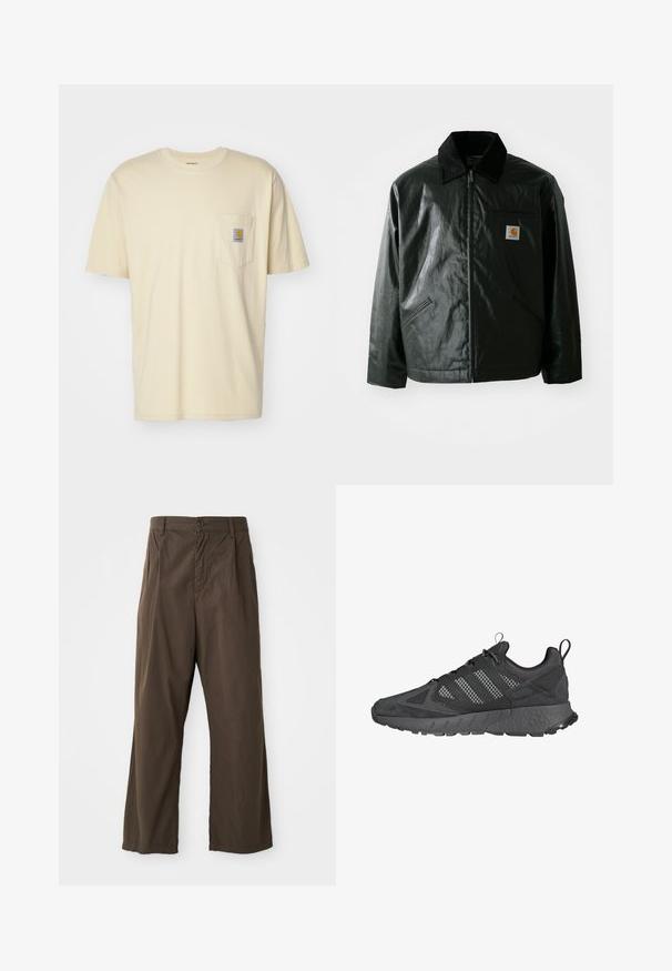 Must mustaga, läikiva materjaliga musta värvi jakk. Omab kordonilõikega kraed, kahte esikäe taskut ja väikest logo sildi rinnal.; Carhartt WIP POCKET - Lihtne T-särk - cornsilk; Pruunid, laial jalal oleva puuvillased püksid, millel on eesnuppude sulgemine, vöökohad ja sile, mati tekstuur.; Mustad mustat spordijalatsid, mille ülemine osa on valmistatud võrgust ja nahast, tekstuuriga kummitald, pehmendatud kaelus ning iseloomulik kolm riba hallis.